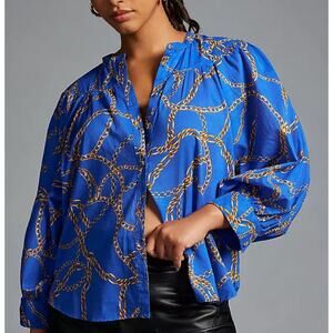 Maeve by Anthropologie 100% Cotton Blue Blouse with Gold Chain Pattern Size S